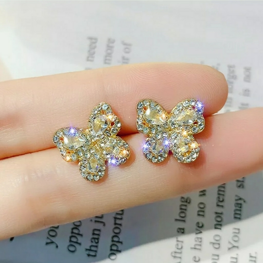 Butterfly Stud Earrings Gold Silver Plated White